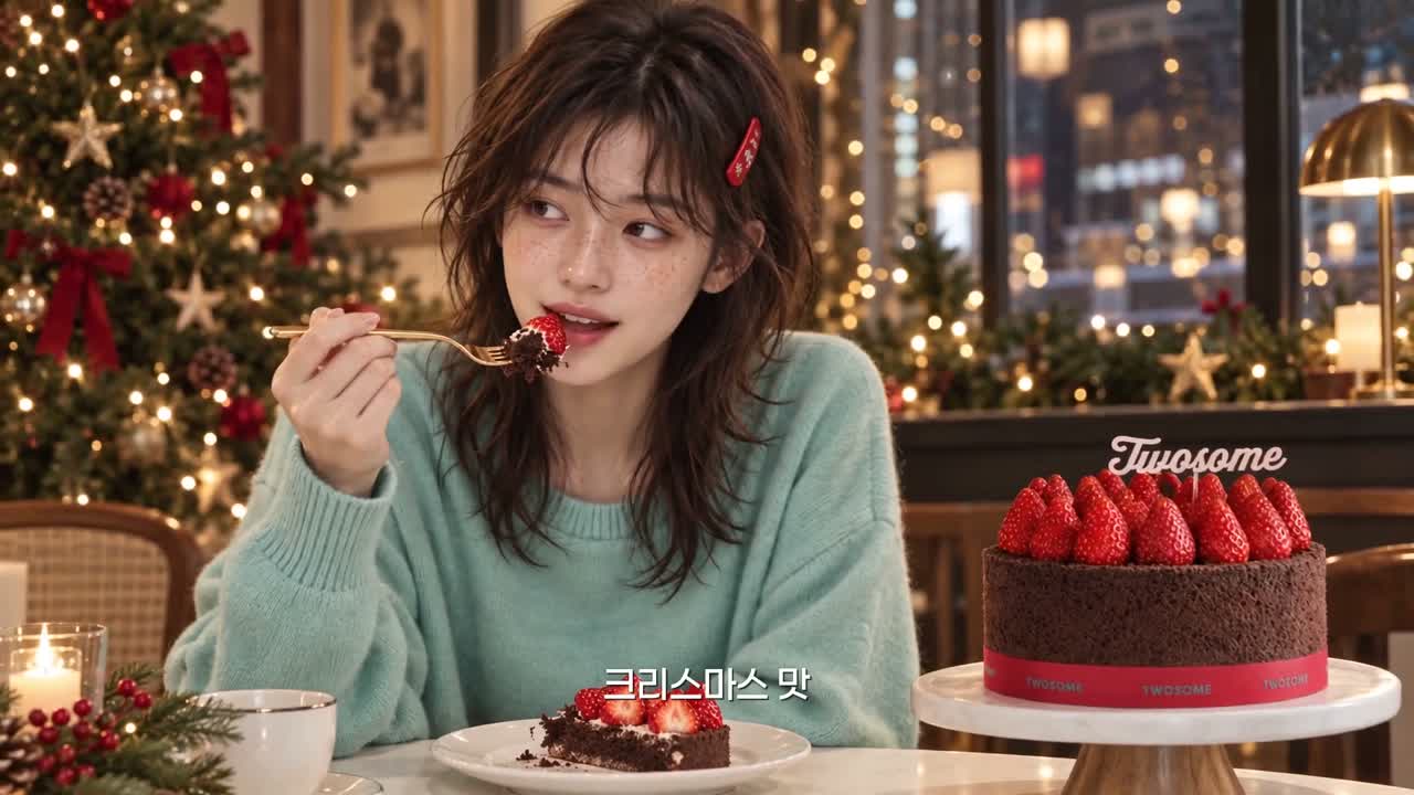 스초생 완성 영상에서 인물이 케이크를 맛보는 장면